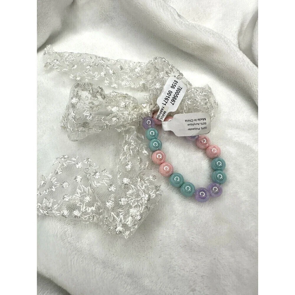 NEW Free People Bracelet Multicolor Beaded White Lace Bow Colorful Dainty Beach